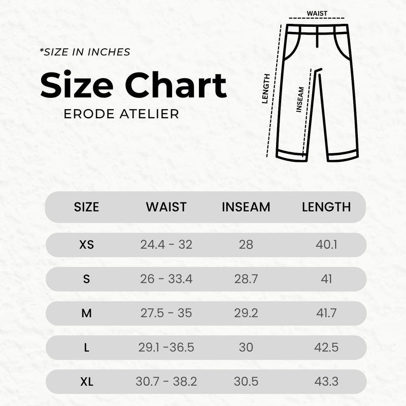 Size chart for THE CURE VINTAGE WASH BLACK DISTRESSED SWEATPANTS