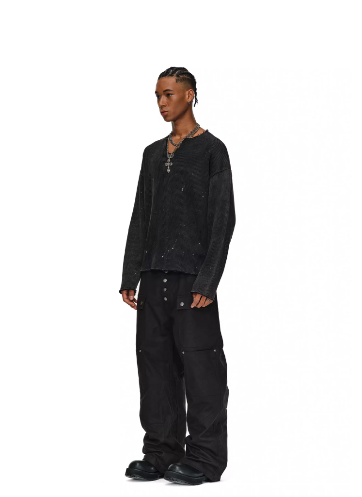 RIPPED INK SPLATTER V NECK WAFFLE KNIT