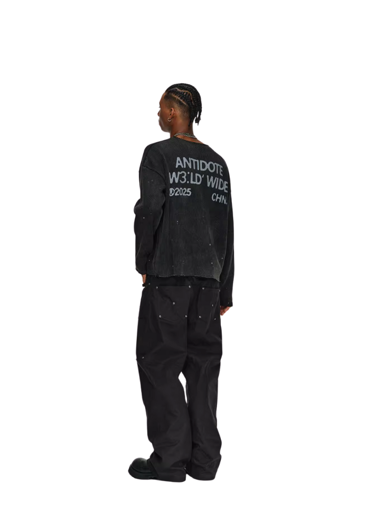 RIPPED INK SPLATTER V NECK WAFFLE KNIT