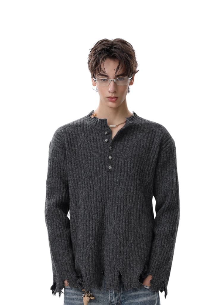 DISTRESSED HENLEY KNIT