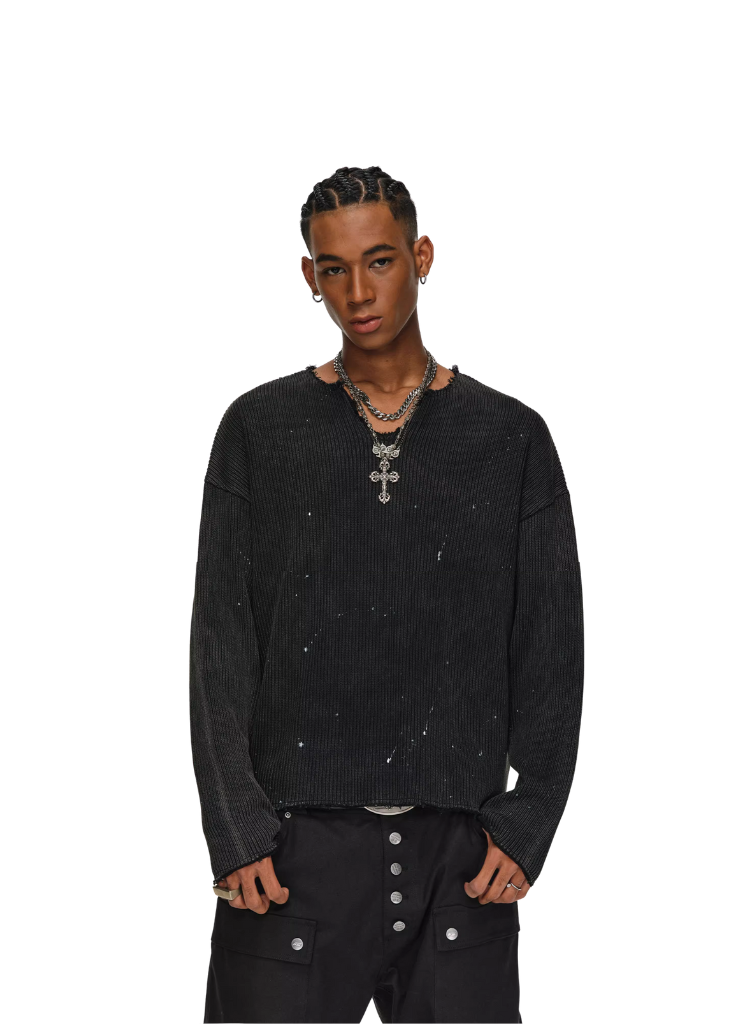 RIPPED INK SPLATTER V NECK WAFFLE KNIT