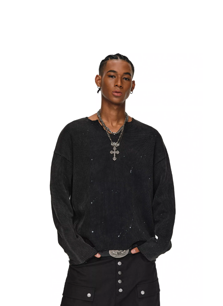 RIPPED INK SPLATTER V NECK WAFFLE KNIT