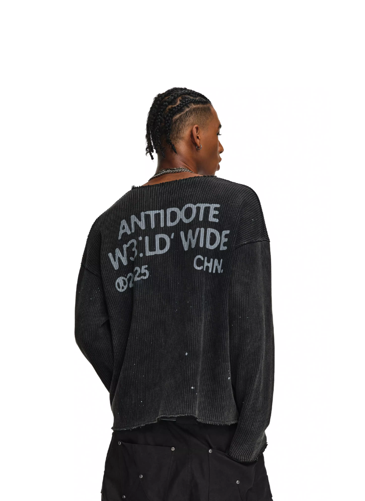 RIPPED INK SPLATTER V NECK WAFFLE KNIT