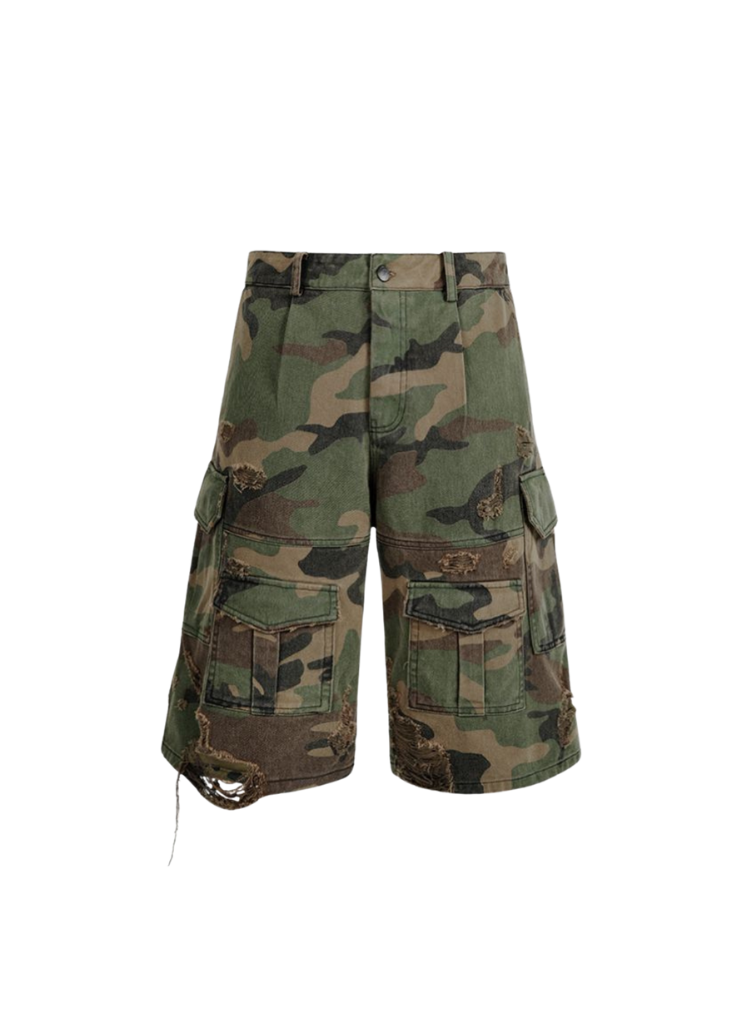 DISTRESSED CAMO CARGO JORTS