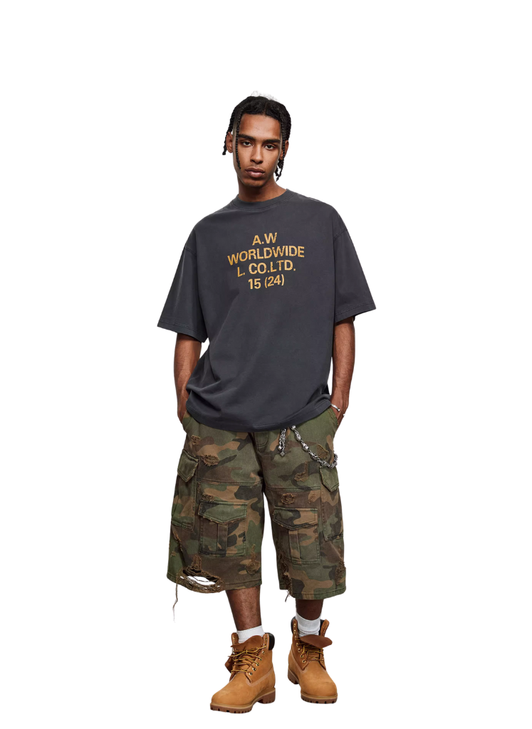 DISTRESSED CAMO CARGO JORTS