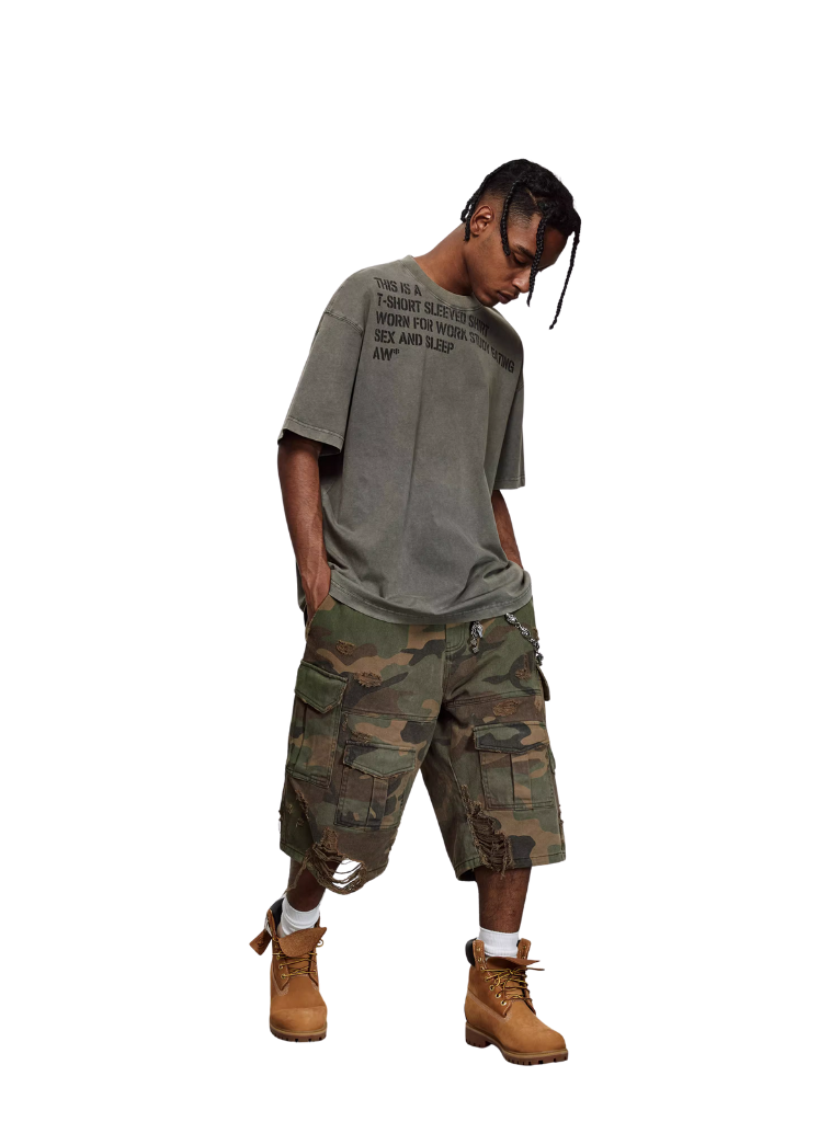 DISTRESSED CAMO CARGO JORTS