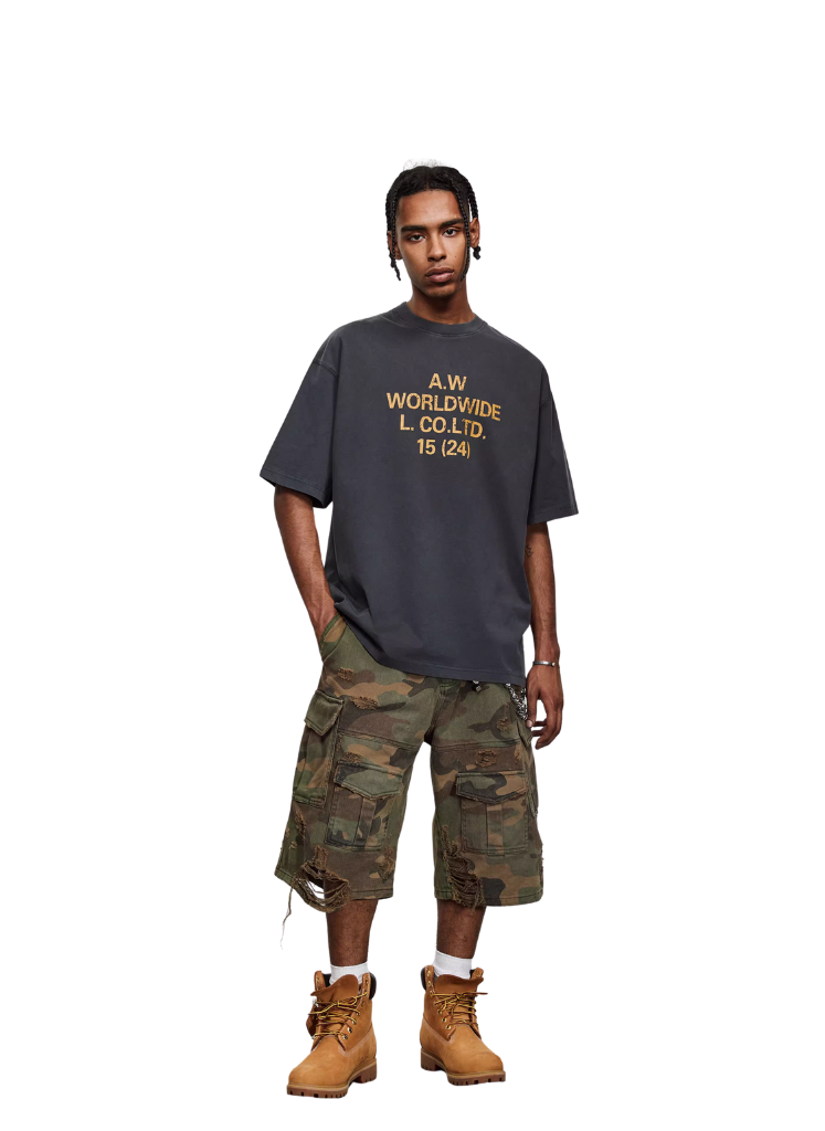 DISTRESSED CAMO CARGO JORTS