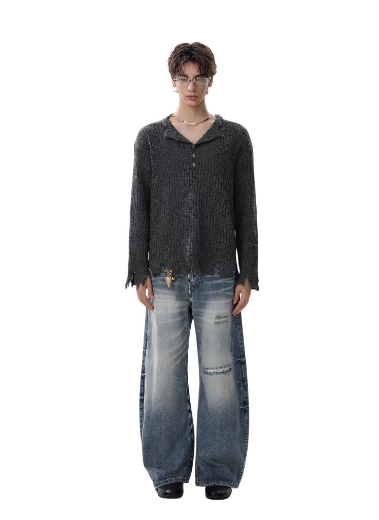 DISTRESSED HENLEY KNIT