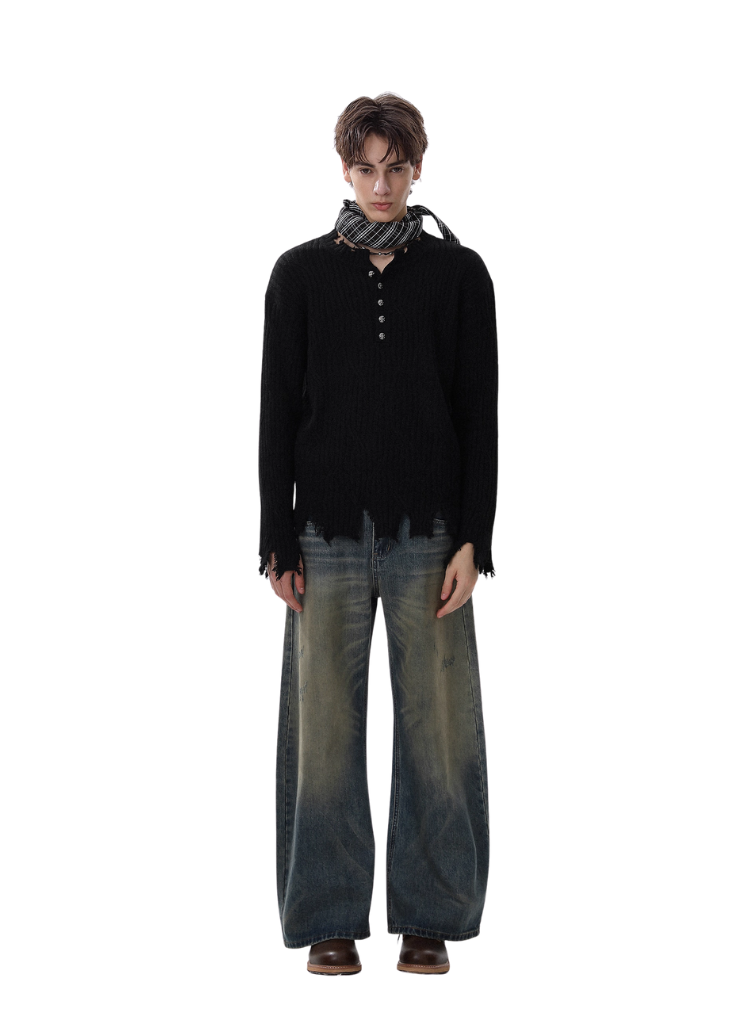 DISTRESSED HENLEY KNIT